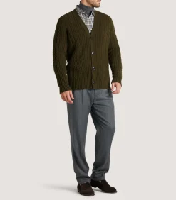 Men'S Cashmere Cable And Rib V Neck Cardigan In Military*Purdey Discount
