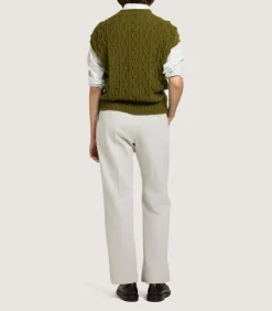 Women'S Cotton Cashmere Aran Crew Neck Tank In Olive*Purdey Store
