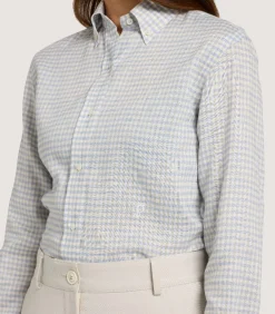 Women'S Pale Indigo Linen Shepherd Check Button Down Shirt*Purdey New